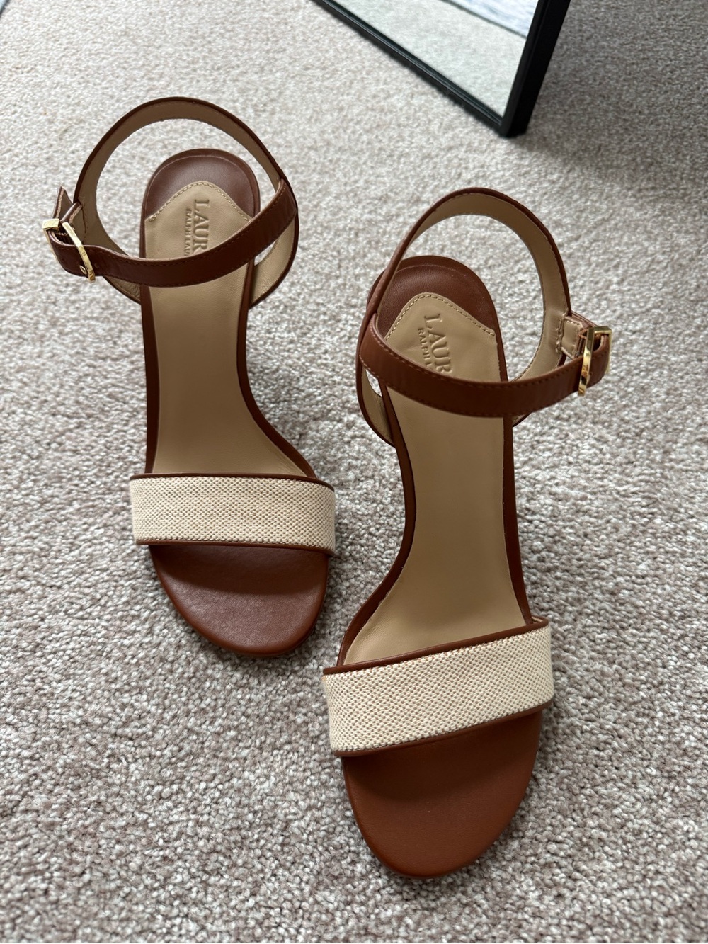 Lauren Ralph Lauren Brown Leather and Cream Strap Heeled Sandals